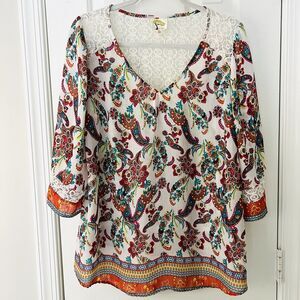 Anthropologie Fig & Flower Beautiful Colorful Lace Crochet Boho Blouse Plus 2X